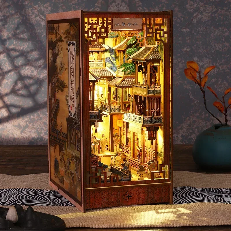 Diy Wooden Book Nook Kit Shelf Insert - DIY Holz-Bücherregal-Einsatz, Chinesische Altstadt Miniatur-Bausatz, Buchstützen,