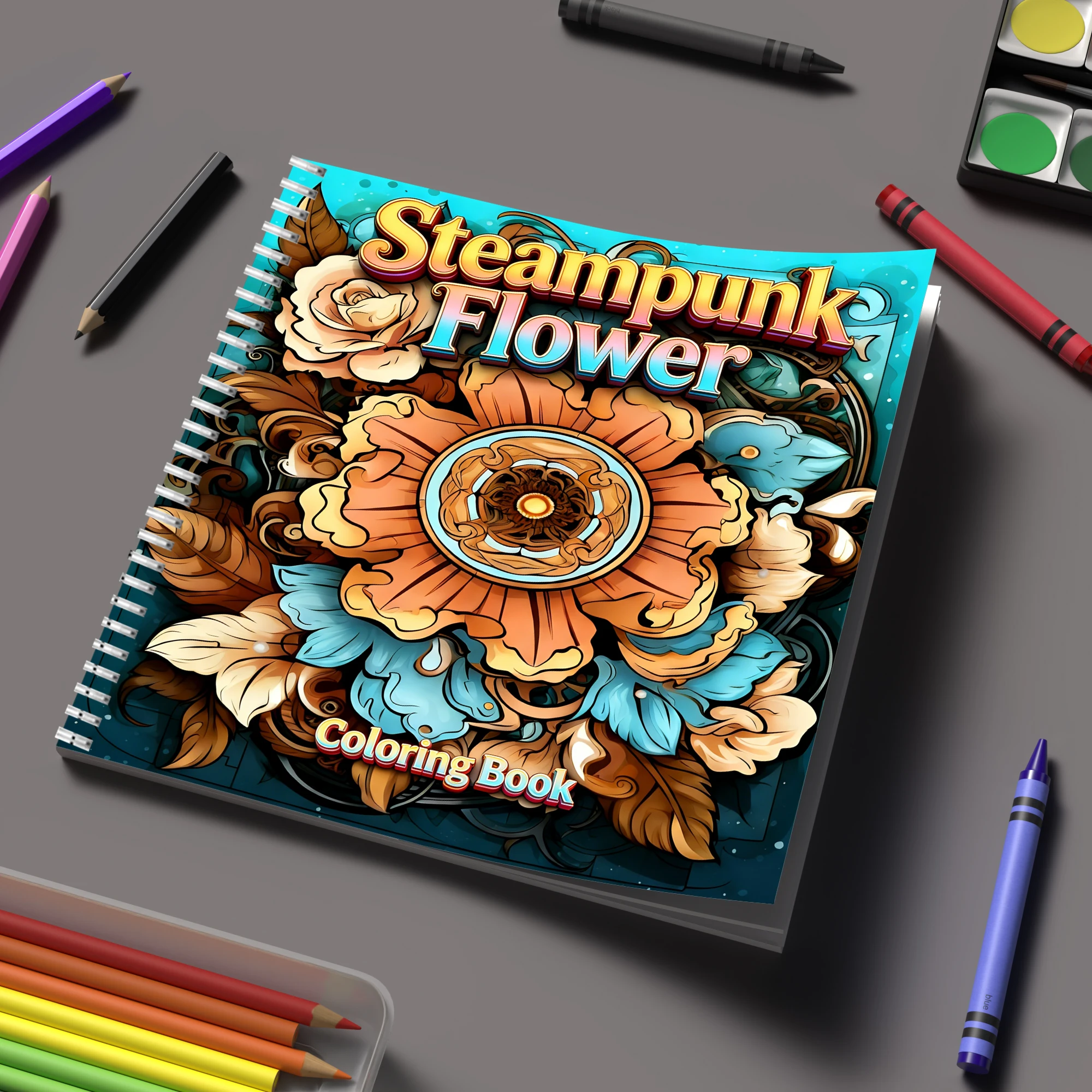 Adult Coloring Book Stress Relief - Malbuch „Steampunk-Blumen“ für Erwachsene, Malbuch, Geburtstagsgeschenk,