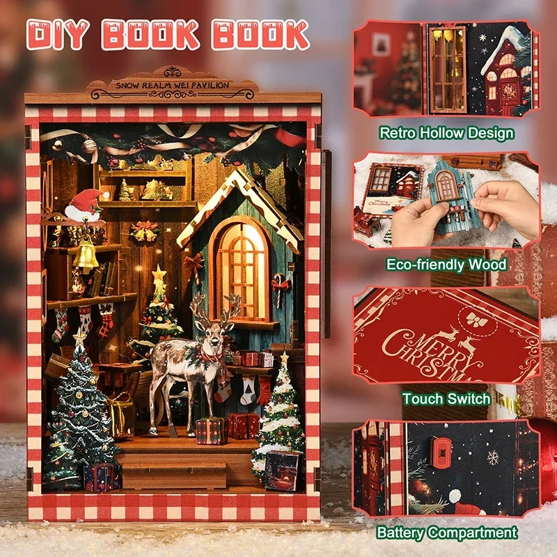 Diy Wooden Book Nook Kit Shelf Insert - Miniatur-Modellbausätze Schneeland Wei-Pavillon Buchstütze DIY Holz-Weihnachts-Bücherregal-Einsatz-Set