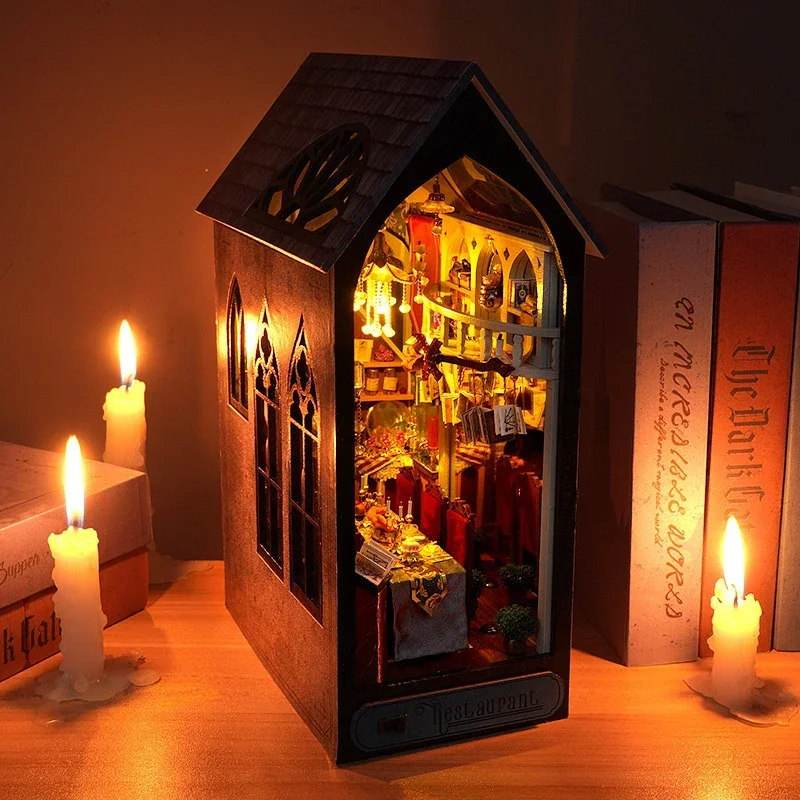 Diy Wooden Book Nook Kit Shelf Insert - Magisches Restaurant-Bücherregal Heimdekoration, NEUES Retro DIY