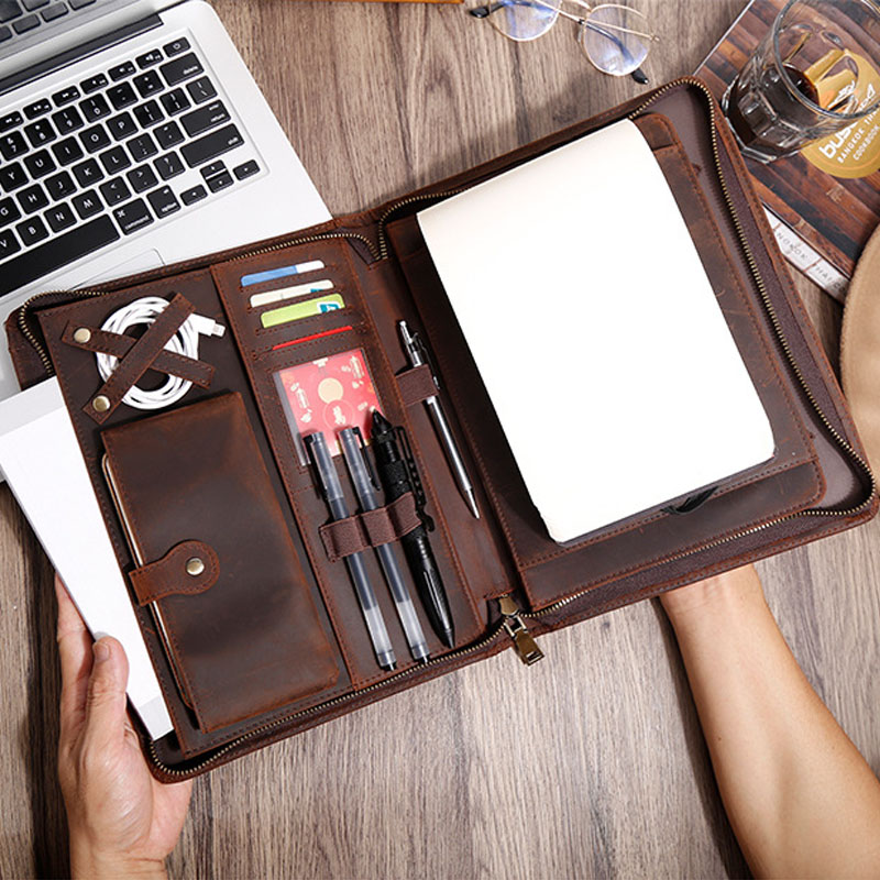 Vintage Leather Journal Notebook - Rindsleder Reißverschluss-Portfolio-Organizer Mehrteilige Notizbuch-Hülle mit Kartenfächern